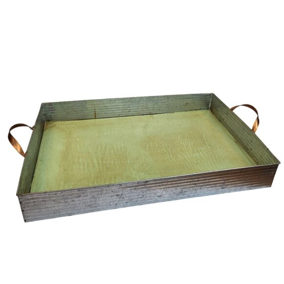 Large Vintage Galvanized Metal Tray Wood Base Green Lining Handles 80s Design - Picture 1 of 12